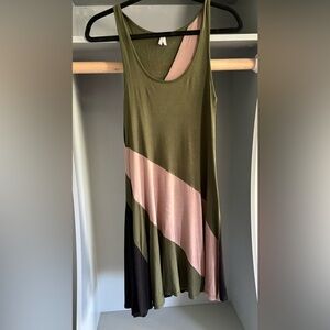 rave Olive, Blush & Black Diagonal Colorblock Midi Dress